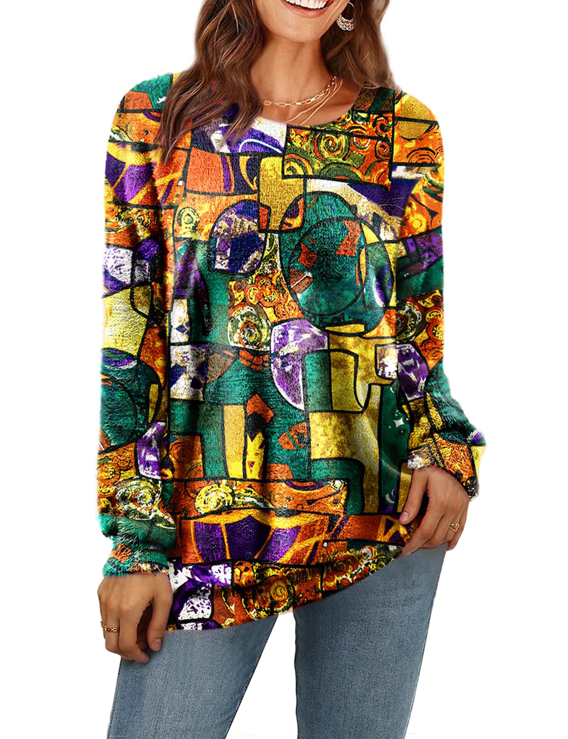 YESNO Women Christmas Sweater Graphic Printed Oversized Pullover Sweaters Casual Loose Knit Tops L S01 CR188