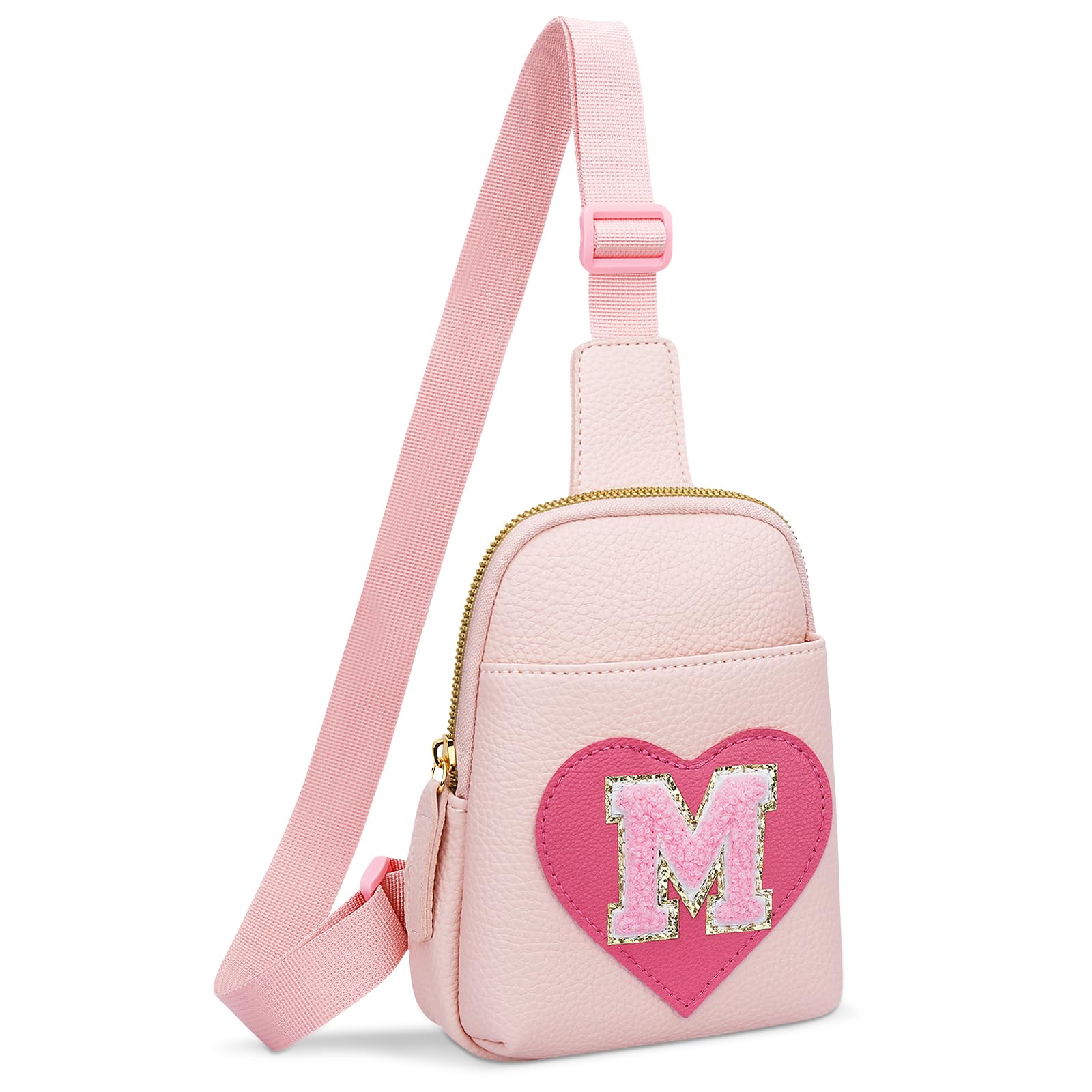 KKXIU Girls Sling Crossbody Bag Heart Initial Chest Bag Pink Mini Fanny Pack Personalized Gift for Kids Children