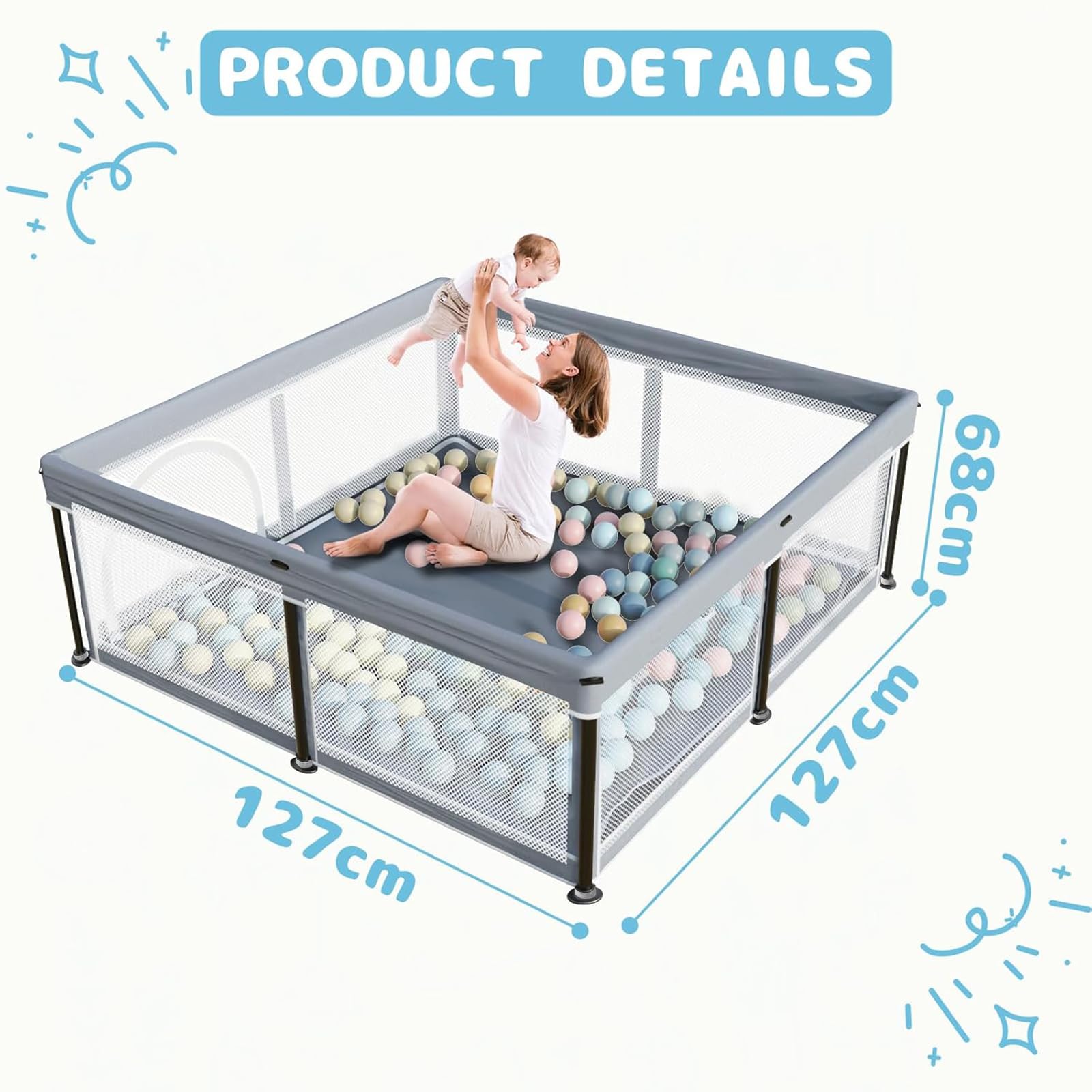 Laufstall Baby mit Matratze, Indoor & Outdoor Laufgitter Baby, Laufstall Baby Faltbar, Laufstall mit 50 Ozeanbällen (Grau, 127 * 127)