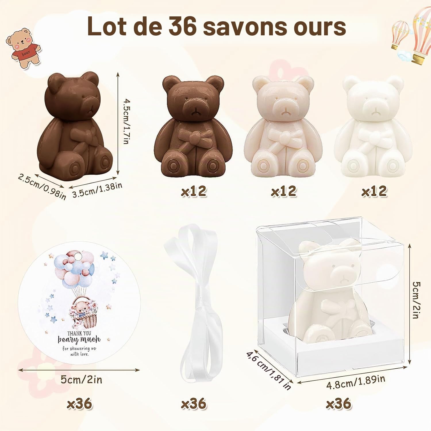 Lot de 36 cadeaux de baby shower, en forme d'ours, avec cartes de remerciement et boîtes, pour décoration de fête prénatale, cadeau d'invité, accessoires de mariage (blanc et marron)
