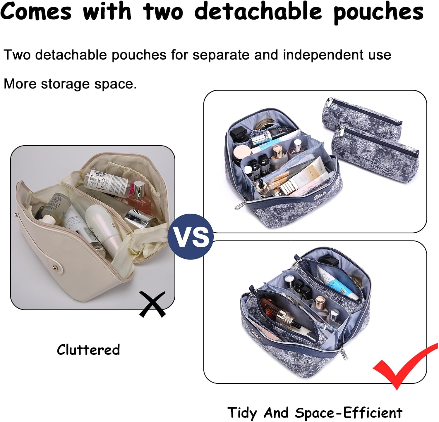 BOYATU Travel Makeup Bag for Women: Large Capacity Make up Bag with Compartments - Vegan Leather Cosmetic Bag set of 3 - Waterproof Toiletry Bag with Handle & Divider(E-3-Blue)