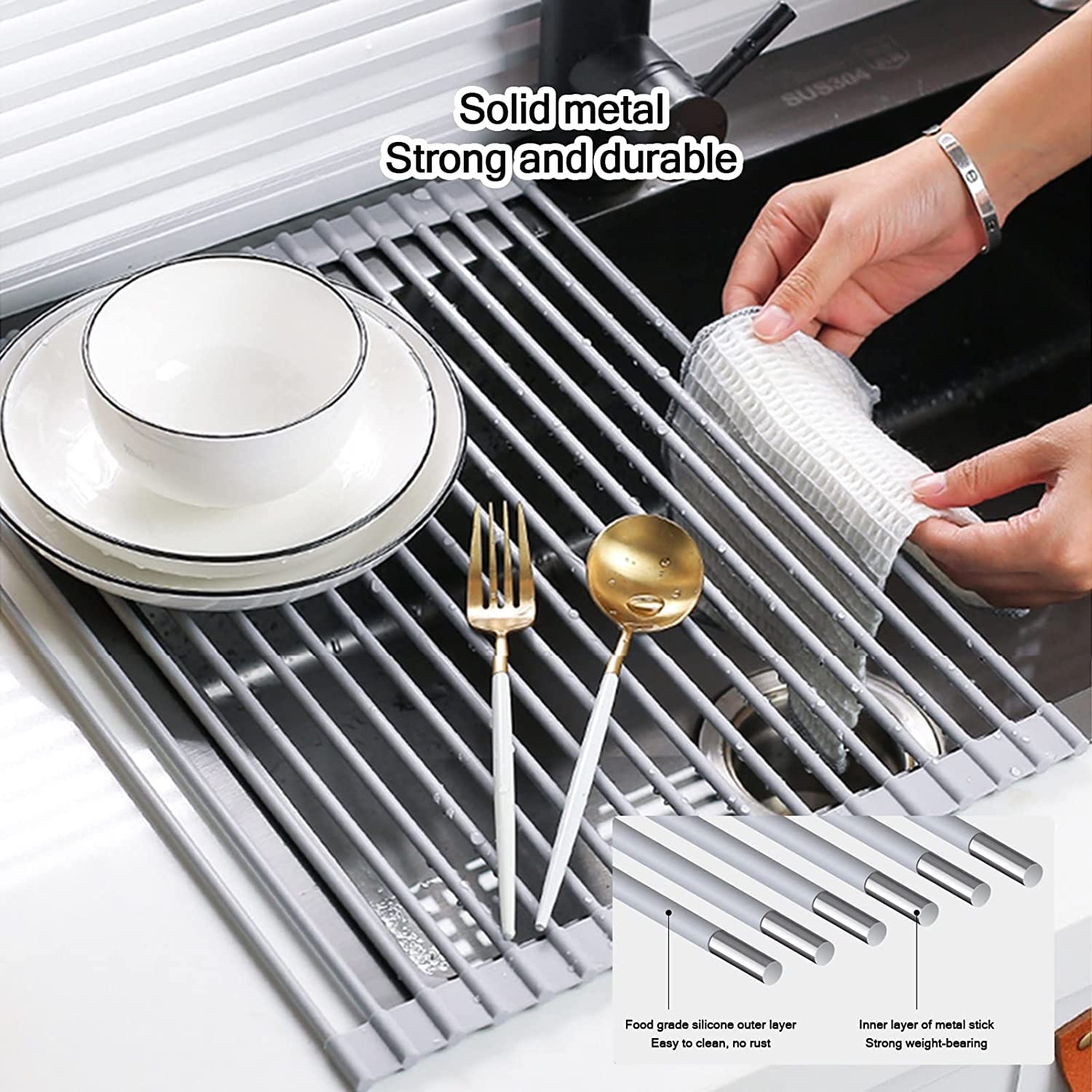 Rejilla de secado de platos plegable, Revestimiento de silicona sobre el fregadero Rejilla de secado de platos, Escurridor de platos antideslizante resistente al calor, para mostrador de fregadero d