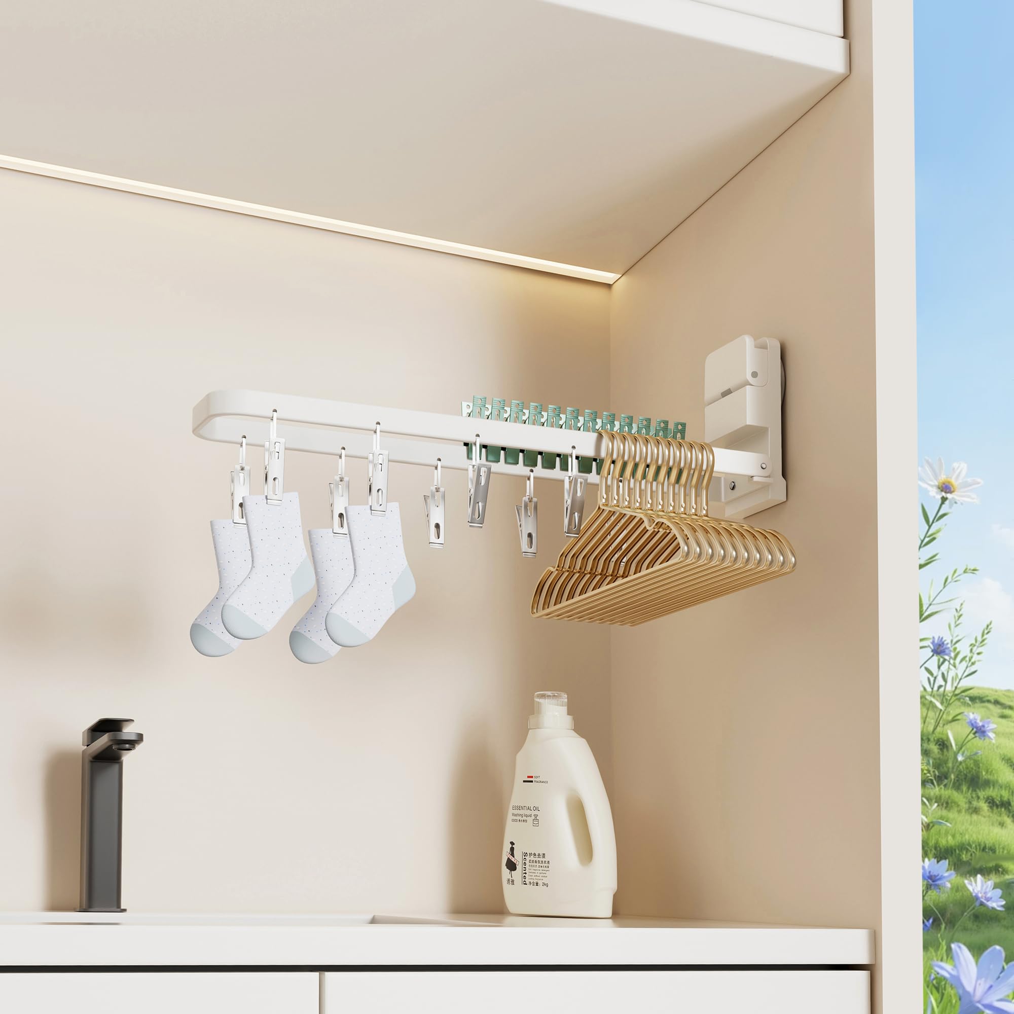 Stendibiancheria da parete con 20 clip, portatile e pieghevole, per asciugare calzini, reggiseni, biancheria intima, vestiti per bambini, asciugamani (bianco)