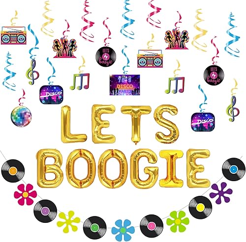 Let's Boogie - Decoraciones de fiesta de Fiesec 70, disco retro de los años 70, decoración de fiesta de disco colgante en espiral de papel de