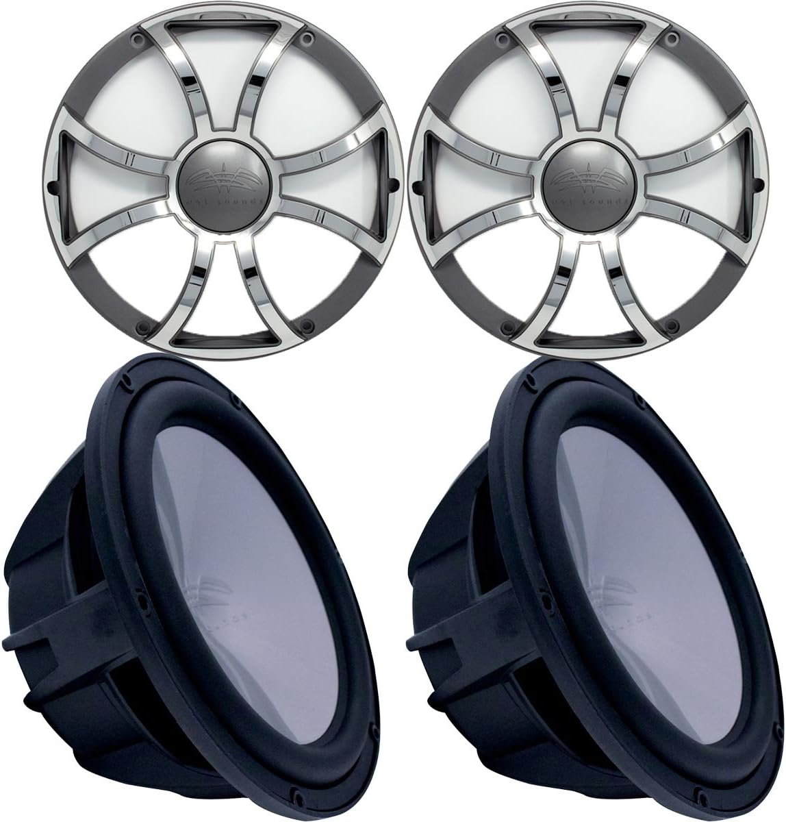 Wet Sounds Two Revo 12" Subwoofers & Grills - Black Subwoofers & Gunmetal Stainless Steel Grills - 2 Ohm