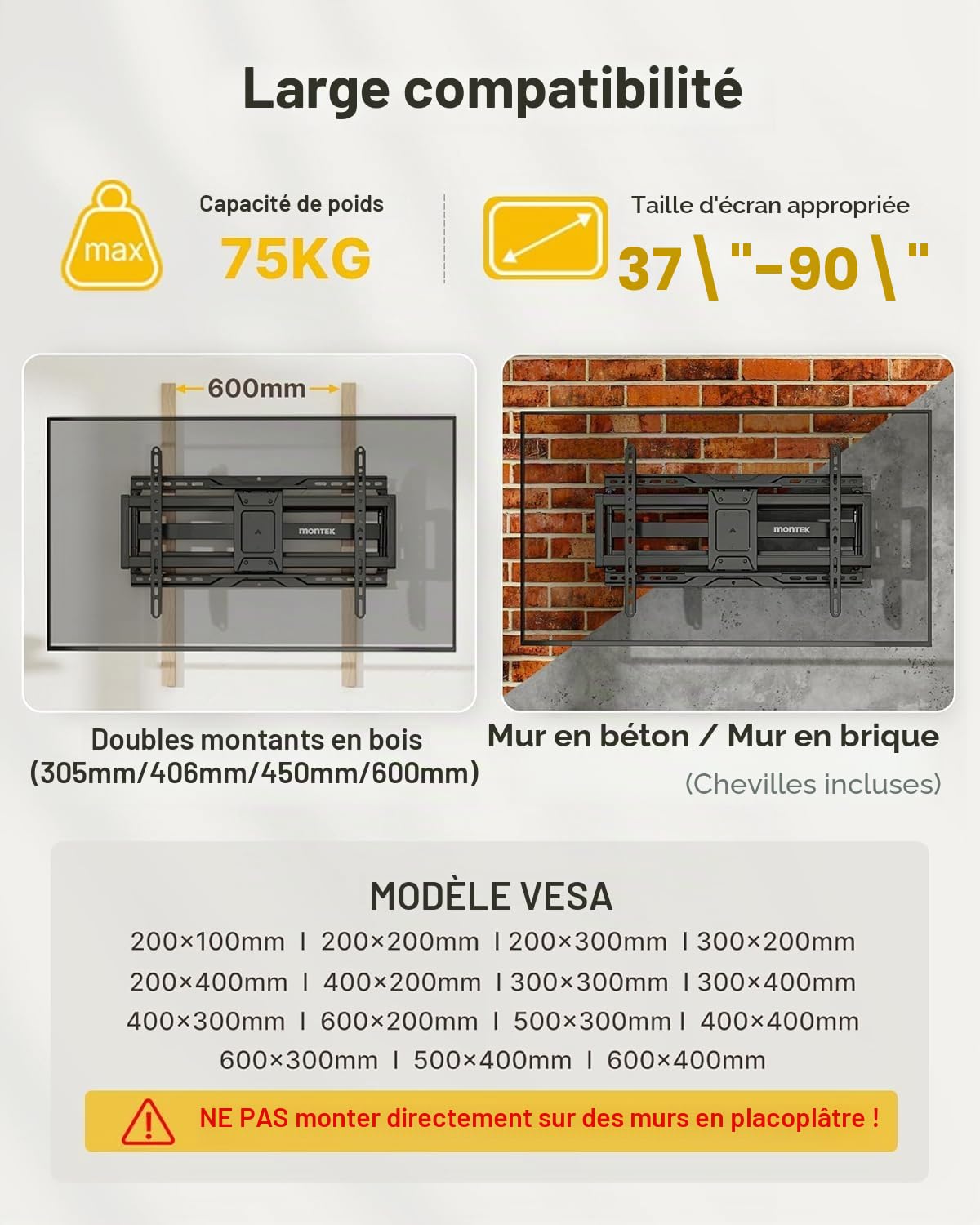 monTEK Support mural TV avec bras super long 638 mm pour téléviseurs de 37 à 90 pouces jusqu'à 75 kg, double bras articulés, inclinaison sans outil, fonction pivotante, VESA max. 600 x 400 mm