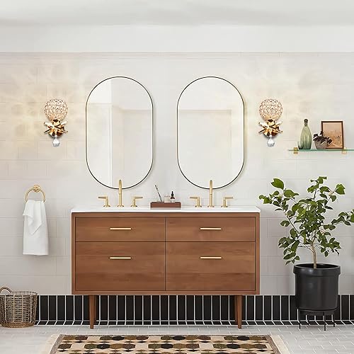 Miniatura 4 de Juego de dos apliques de pared dorados, modernos apliques de pared de cristal con enchufe E26, apliques cableados, lámpara de pared de mesita de