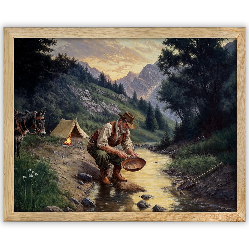 風景画 MIZNECOSMITH 金属フレーム Amazon.com: The Prospector Panning for Gold-Vintage Painting 11x14