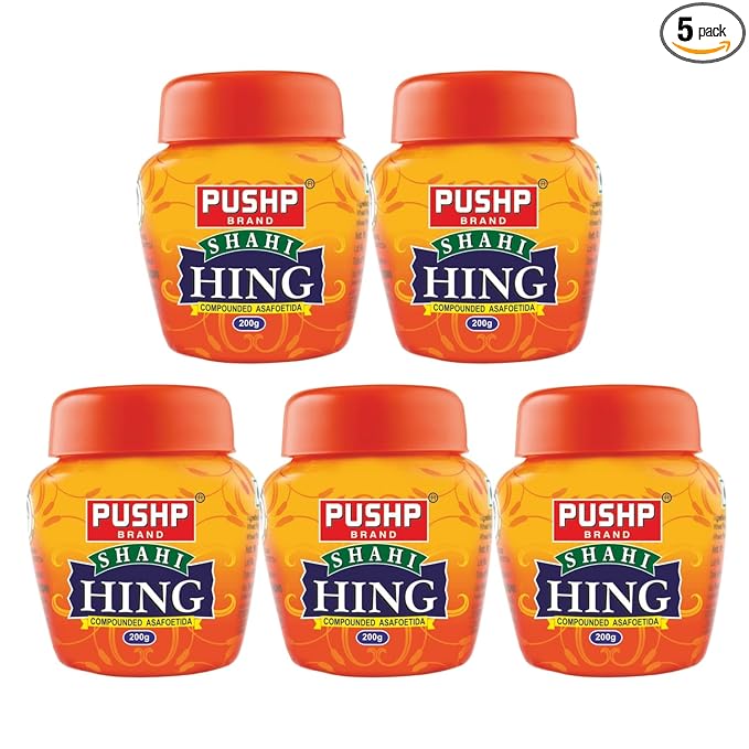 Pushp Brand Asafoetida Hing Jar Strongest Compounded Pure Hing Powder(200g) (Pack of 5)