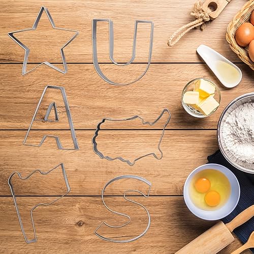 Miniatura 7 de 6 cortadores de galletas de metal patrióticos, 4 de julio, con palabras de Estados Unidos, diseño de bandera estadounidense, molde para cocina,