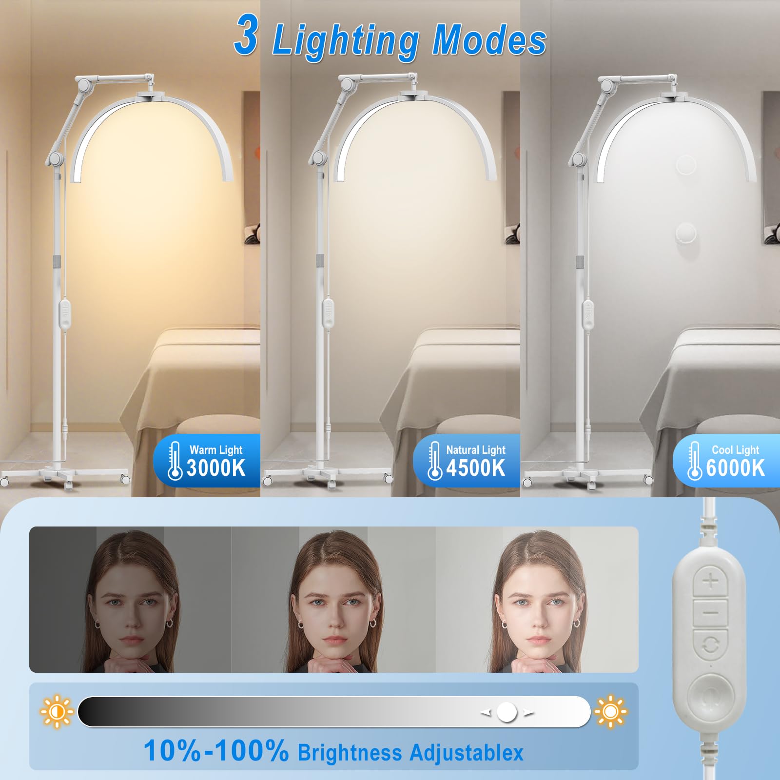 CGBE Lámpara Pestañas Media Luna de Pie: Lámpara Extensiones Pestañas con Soporte Teléfono - Base Rodante - Cabezal Giratorio 360° - Brillo y Altura Ajustables - para Pestañas/Cuidado de Piel/Tatuajes