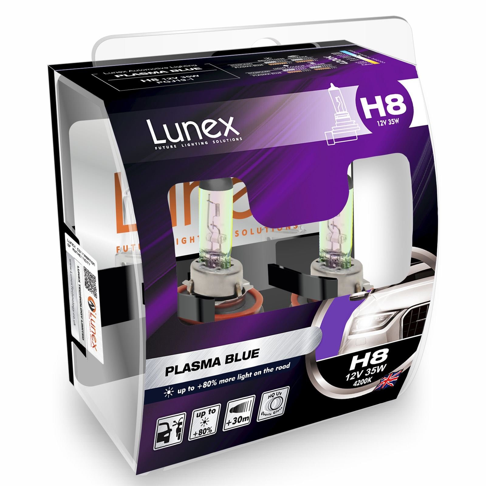LUNEX H8 PLASMA BLUE Headlight Halogen Bulbs 708 12V 35W PGJ19-1 4200K duobox (2 units)