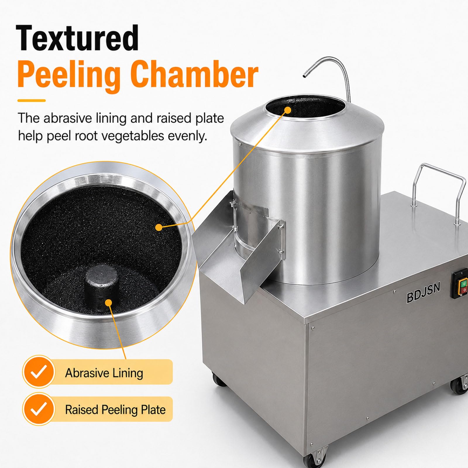 10–15 Kg Peladora De Patatas Profesional Eléctrica 1500w, Máquina Peladora De Verduras De Raíz En Acero Inoxidable, con Manguera De Enjuague, Canal De Descarga Y Ruedas