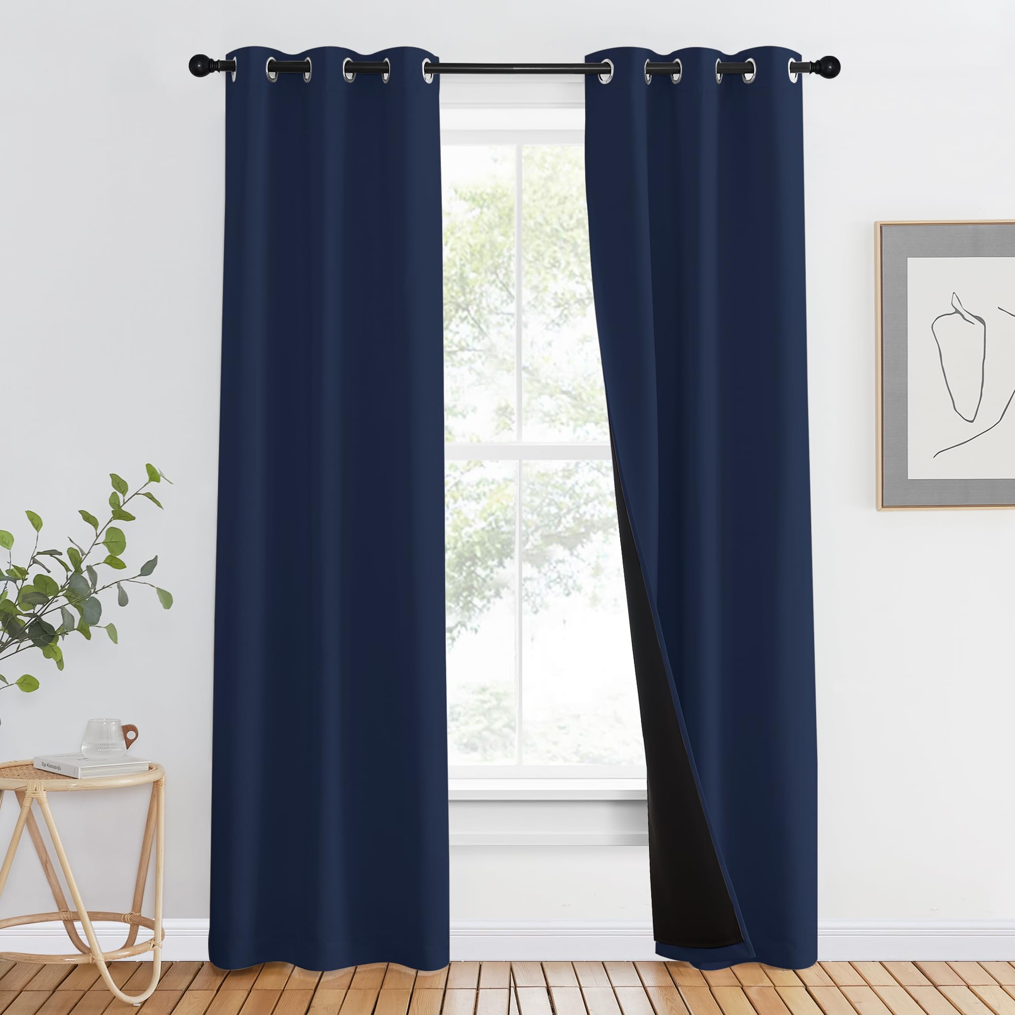 NICETOWN 100% Blackout Curtain Set, Thermal Insulated &amp; Energy Efficiency Window Draperies for Guest Room, Full Shading Panels for Shift Worker and Light Sleepers, Navy Blue, 37W x 80L, 2 PCs