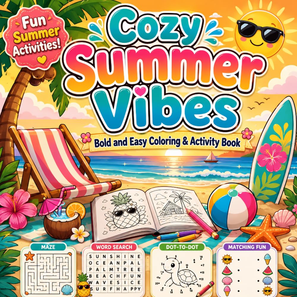 Cozy Summer Vibes Bold And Easy Coloring & Activity Book: Fun and Relaxing Tropical Beach Coloring Pages, Ocean Adventures, Puzzles, Word Search, ... & More for Kids, Teens, Adults & All Ages