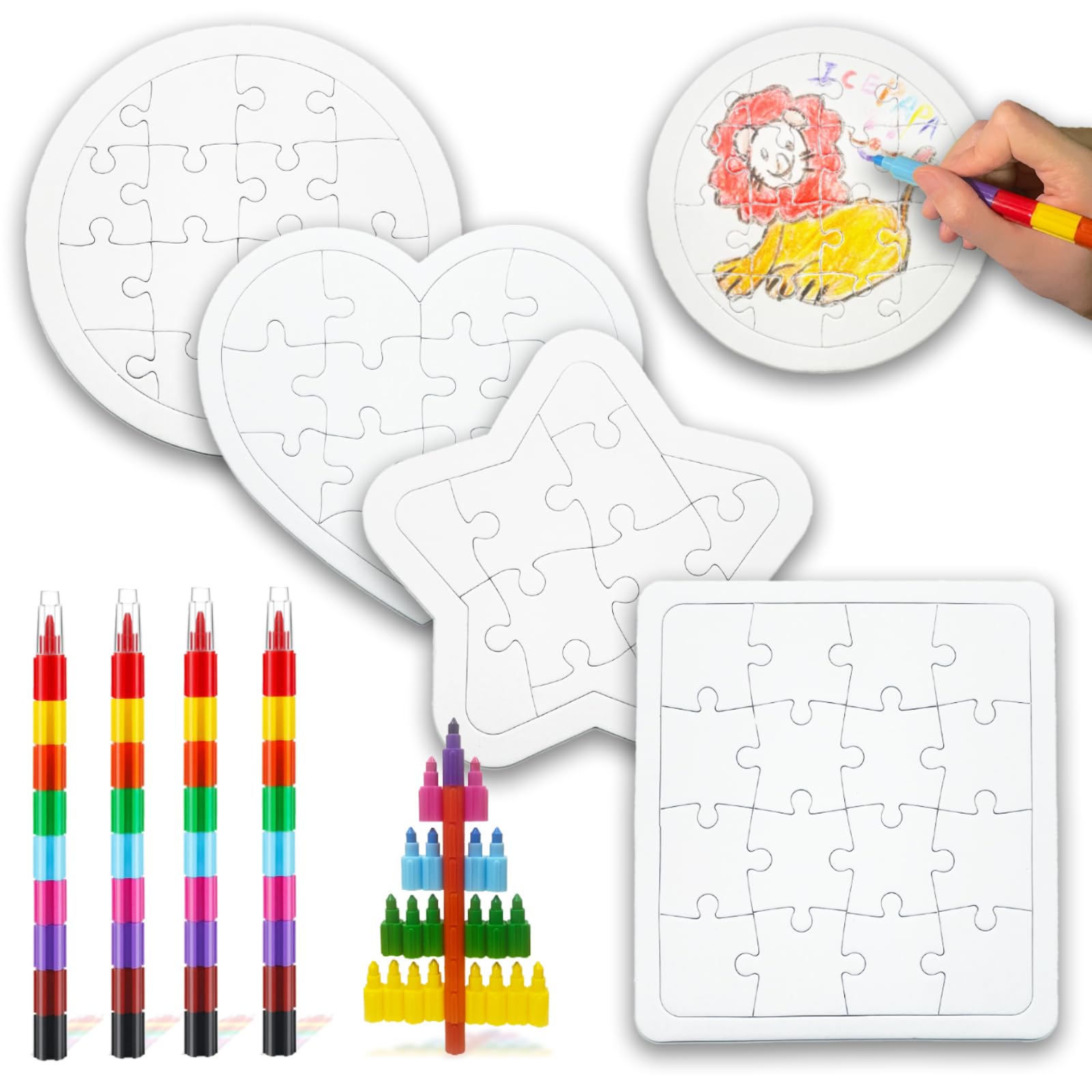 ICEPAPA, 4 Rompecabezas Blanco y 4 Ceras de Colores para Niños (9 colores en 1), Creativos Puzzle Personalizado ideales para Regalitos Cumpleaños Invitados Niños, Regalos Boda Niños