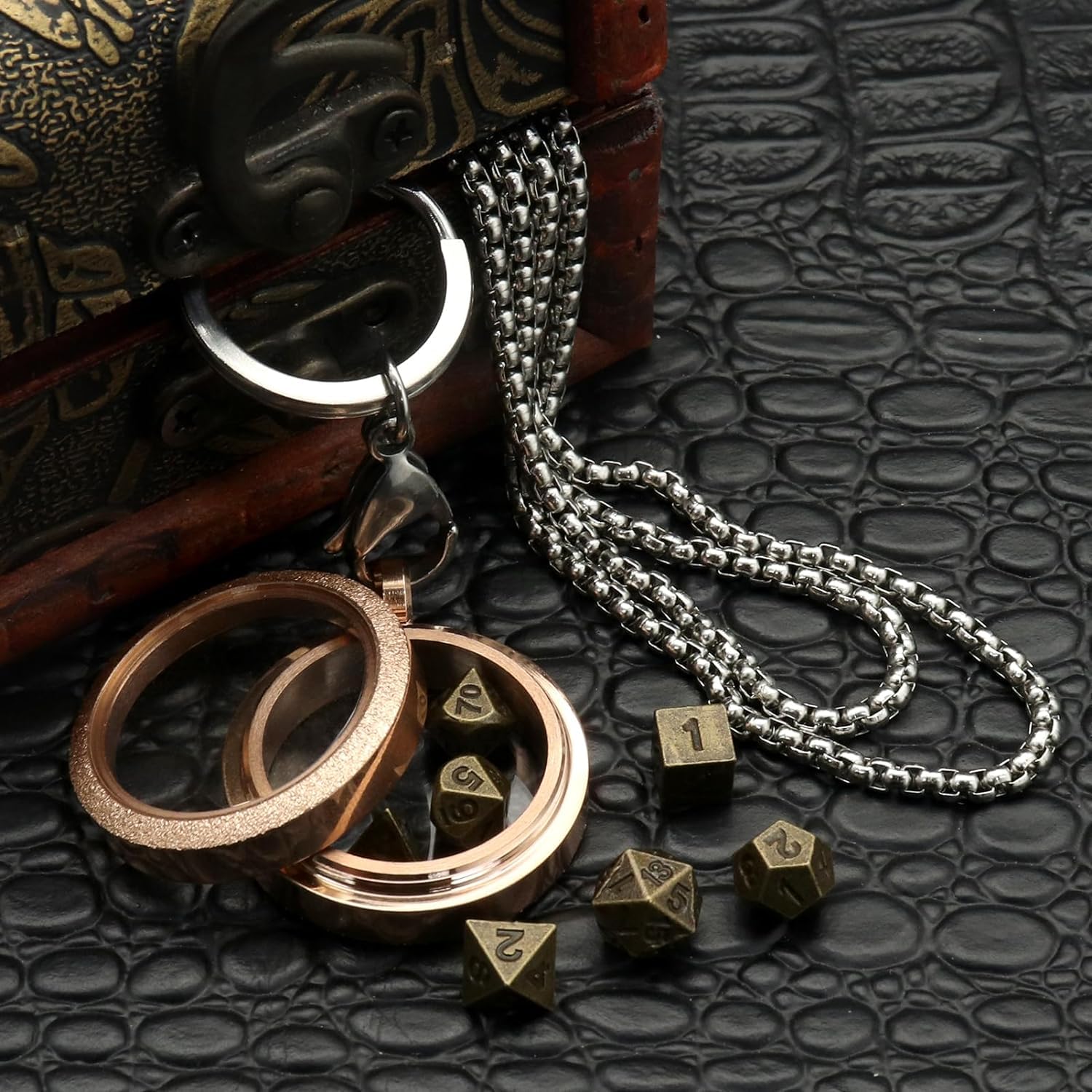 PJOY Mini Dice Set Tiny DND Dice with Necklace Rose-Gold Stainless Steel Frosted Glass Case D&D Portable 7PCS Keychain Antique Bronze Metal Dice Set for Role Playing Dice DND Gifts