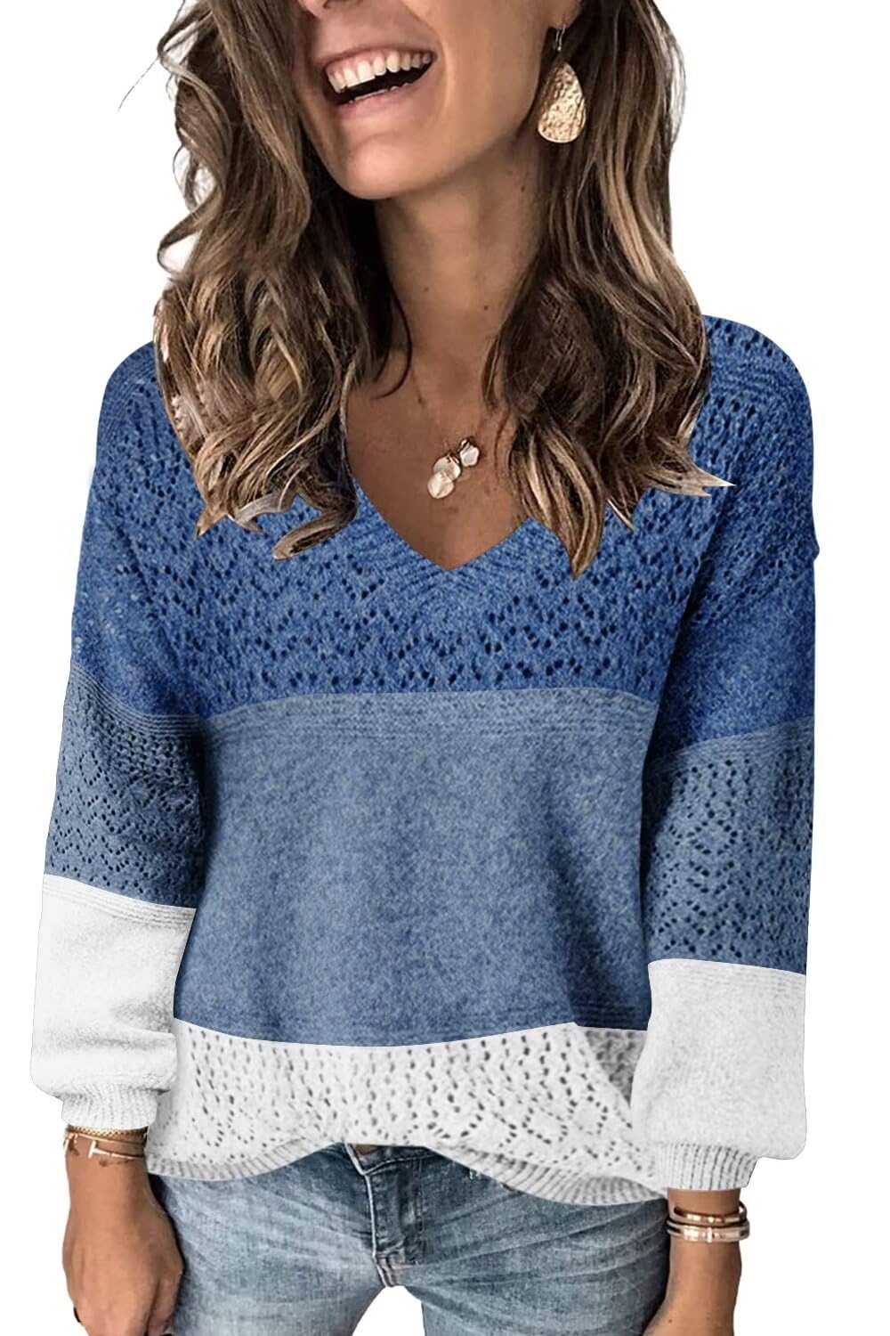 FEKOAFE Womens Sweaters 2026 Fall V Neck Long Sleeve Hollow Knit Pullover Sweaters for Women
