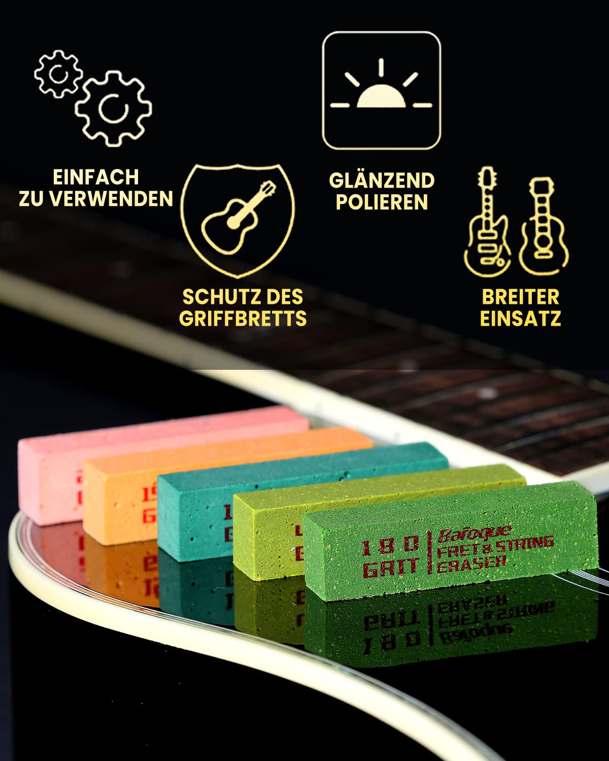 Gitarren Bundradierer Set, Bundfeile für Gitarre, Schleifgummi Gotarre, Gitarre Bund Polieren, Gitarren Politur, Fret Polishing Rubber, Poliergummi 5er Pack (180 & 400 & 1000 & 1500 & 2000 Körnung)