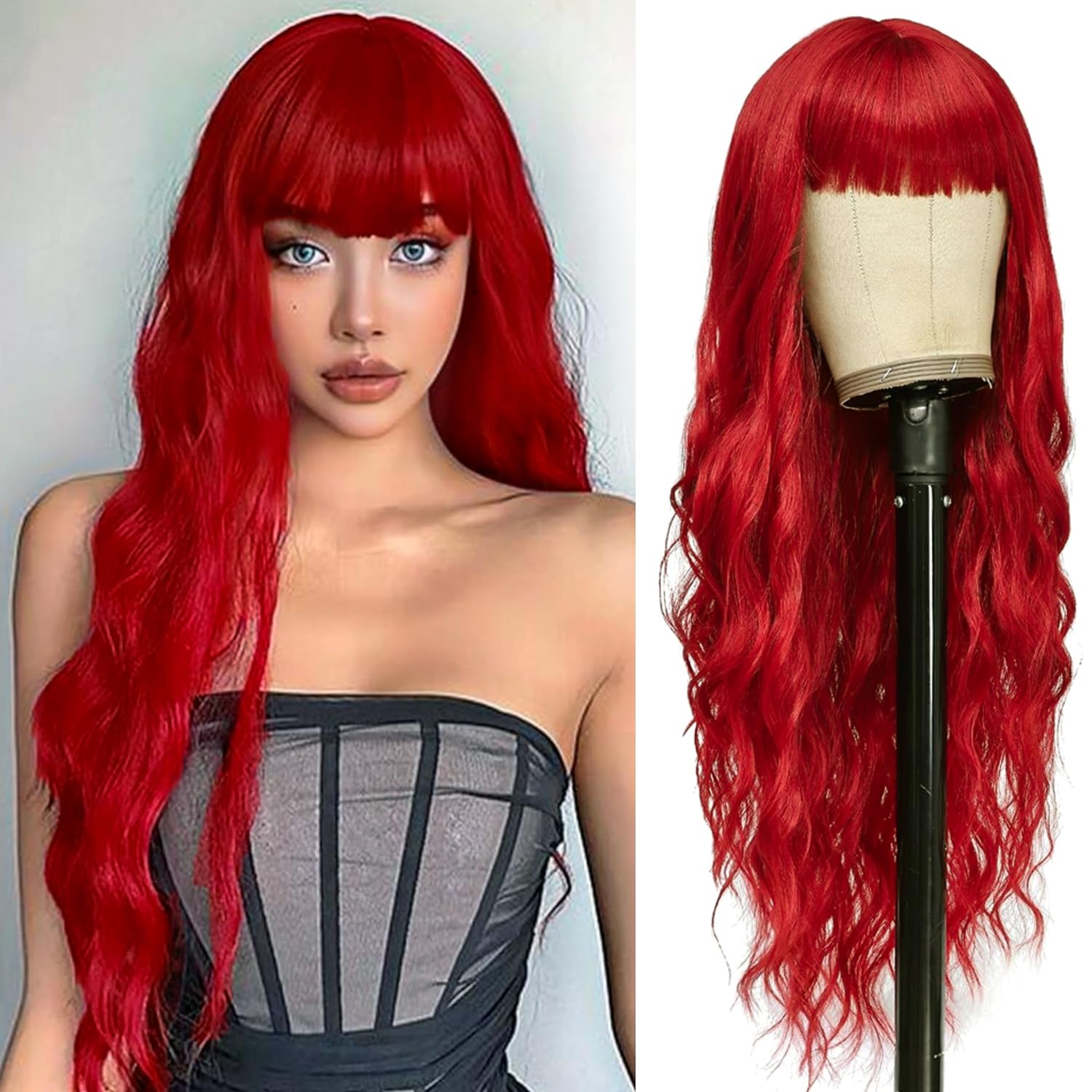 YEESHEDO Long Red Wave Wigs for Women with Fringe Bangs Natural Curly Wavy Synthetic Replacement Hair for Party Cosplay Halloween 28 Inches (Gold Red)