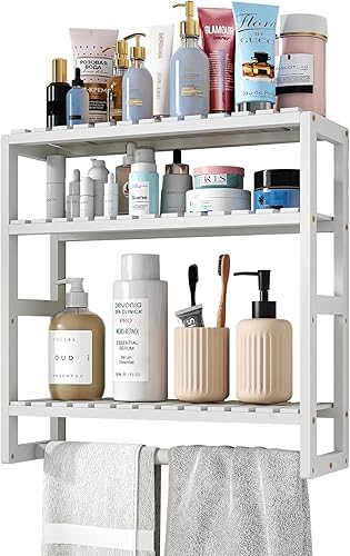 Estantes flotantes de bambú para almacenamiento de baño de 3 niveles, organizador de baño multifuncional ajustable sobre el inodoro, organizador de