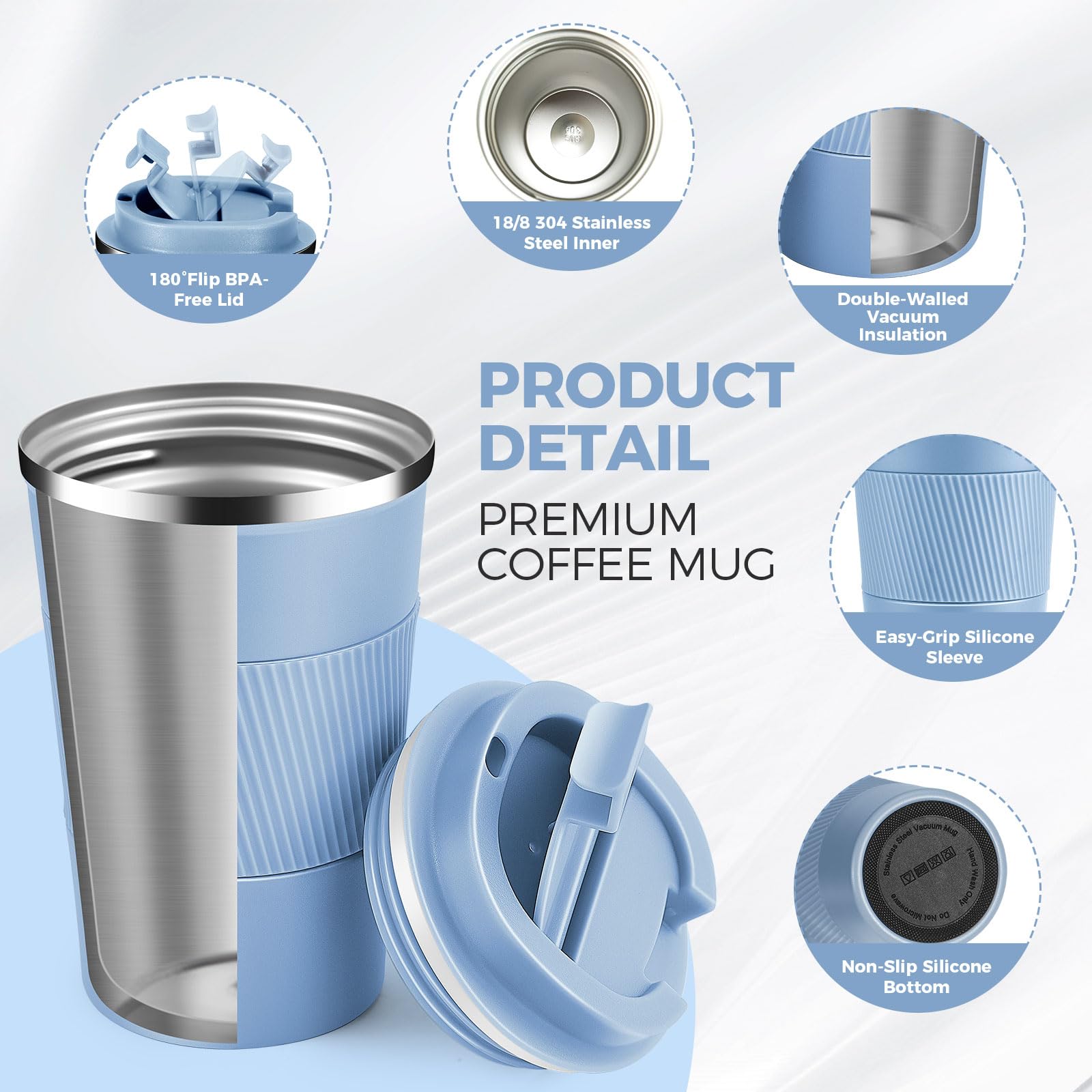 Volhoply 380ml 13oz Stainless Steel Insulated Travel Coffee Mug with Fip Lid Bulk 2 Pack,Reusable Double Wall Vacuum Metal Coffee Cup,Portable Leak Proof Tumbler for Hot & Cold Drinks(Fog,2) - Image 3