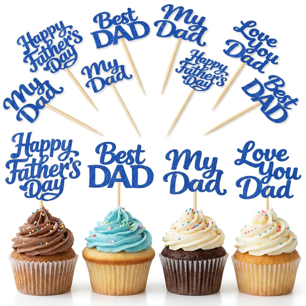 12 Pcs Happy Father's Day Cupcake Toppers, Blue Glitter Best Dad, No 1 Dad Cupcake Picks, Blue Gold Glitter Cake Topper for Father's Day Theme Cupcake Decoration Birthday Party Supplies