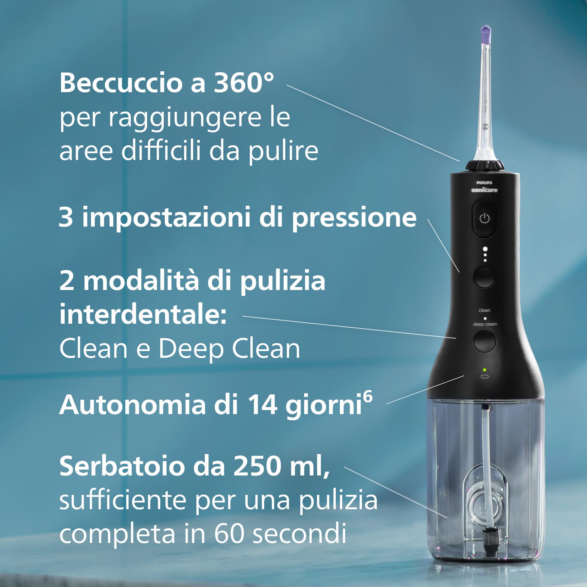 Philips Sonicare Irrigatore Orale Power Flosser 3000 cordless - Per denti e gengive - Nero modello HX3826/33, Sonicare 3000, Nero