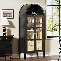 ROOMTEC 72" Modern Farmhouse Arched Glass Door Cabinet with Auto Sensor Light, Adjustable Shelves & 2 Drawers - Black Oak Storage Bookshelf