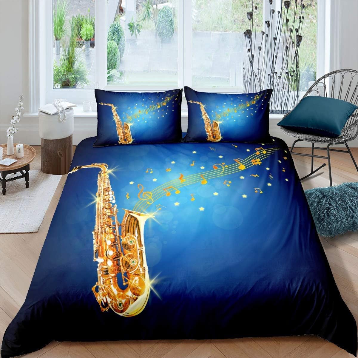 Homemissing King Boys' Saxophone Comforter Cover Set Girls' Music Theme Bedding Set Blue Gold Music Pattern Duvet Cover Instrument Flash Decoration — image 1