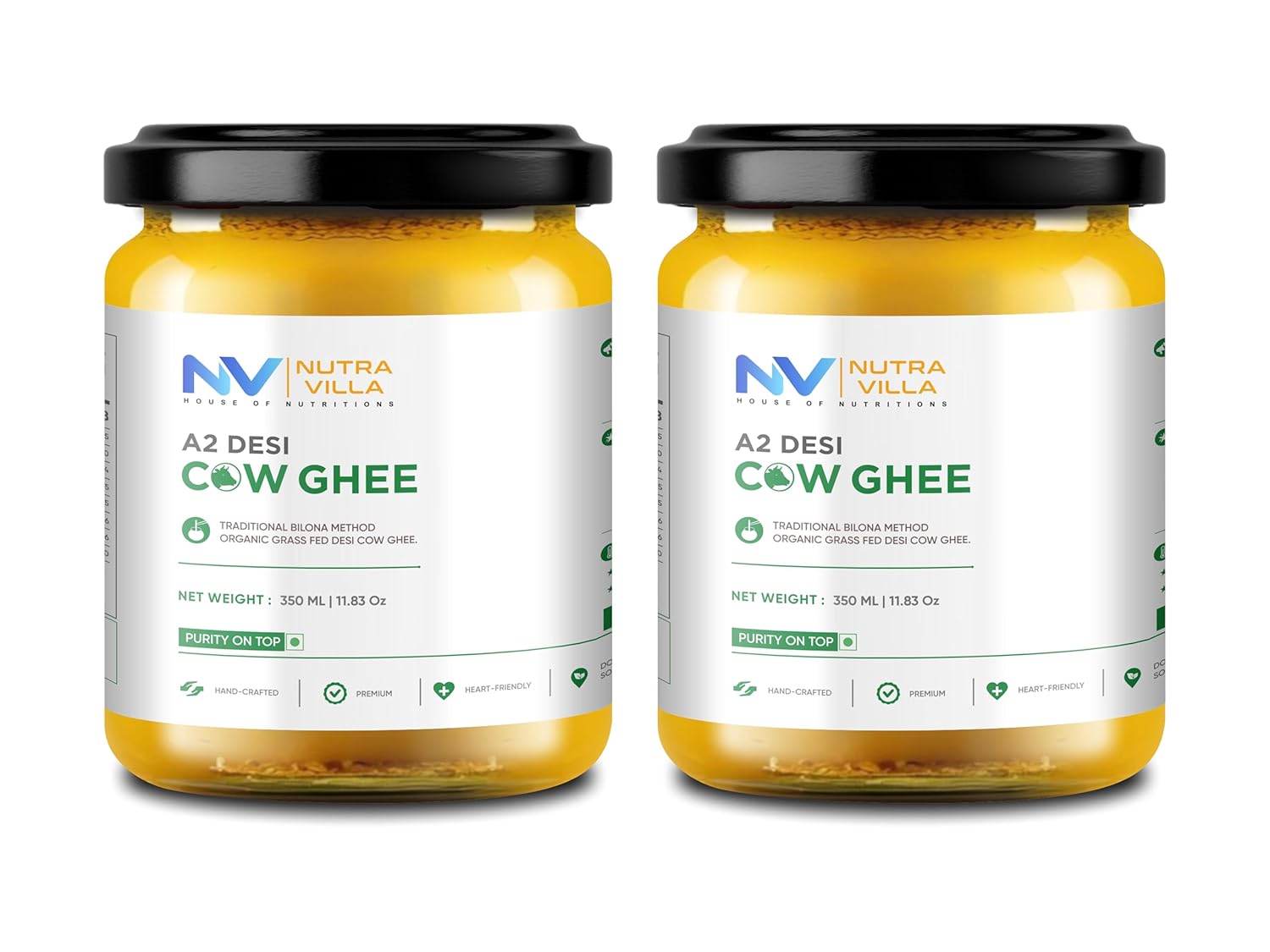 Nutravilla A2 Desi Cow Ghee Organic Grassfed Homemade Bilona Pure Indian Cow Ghee | 2 Jars Of 350 Ml Each Clarified Butter | Handcrafted By Farmers With Bilona Method