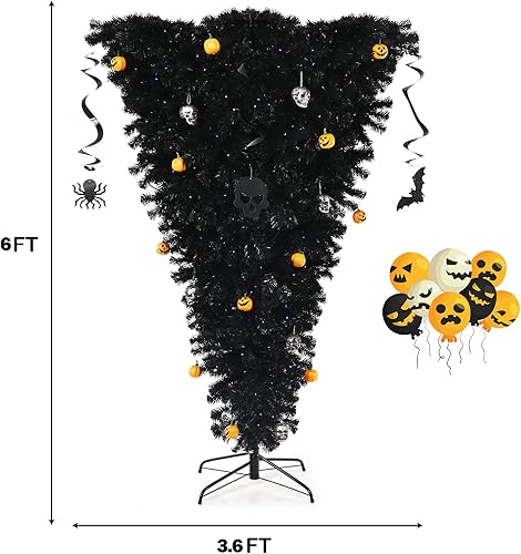 Miniatura 7 de Happygrill Árbol de Navidad artificial morado de 6 pies, árbol de Halloween morado preiluminado con 400 luces LED naranjas y adornos de calabaza,