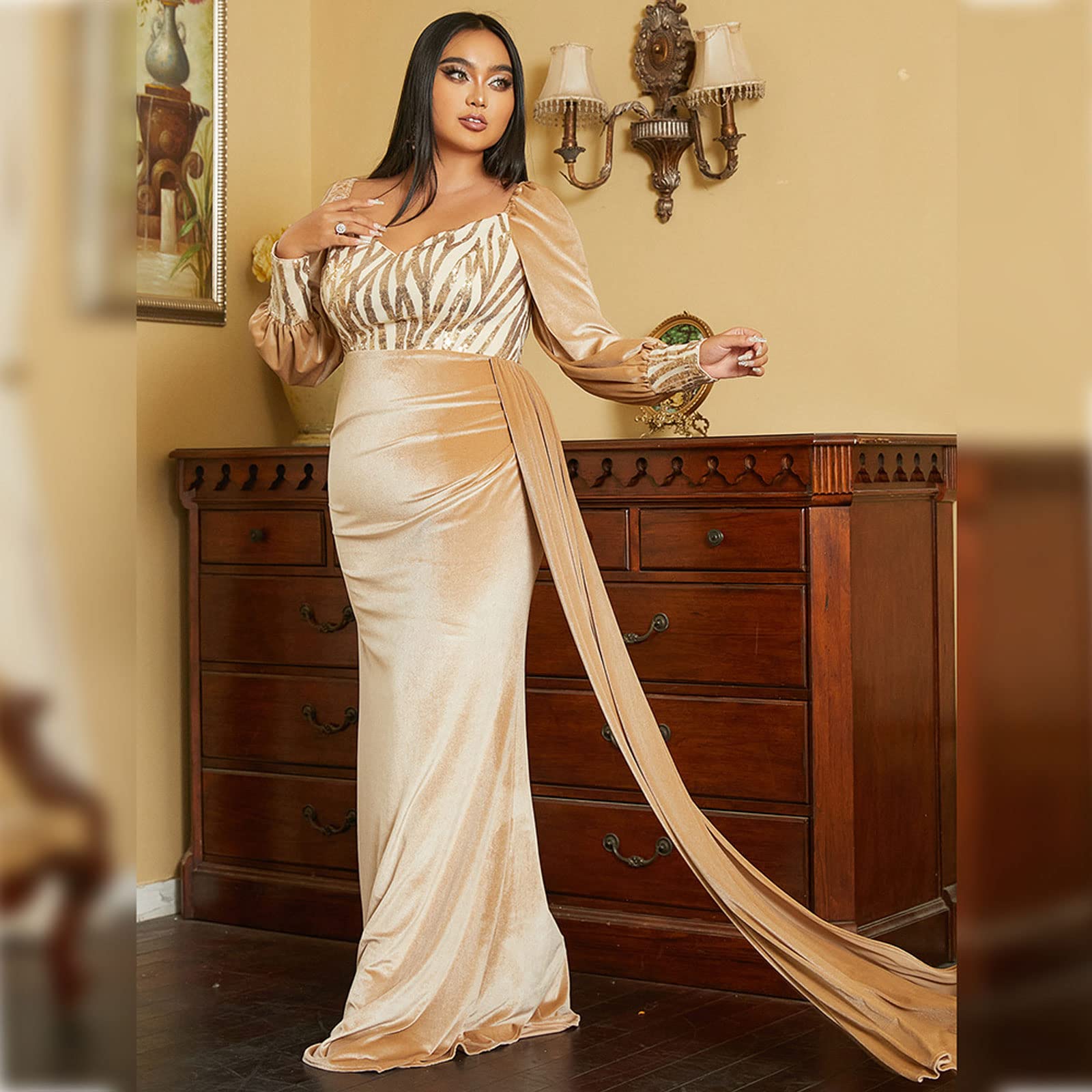 Amazon.com: EliteBloom Evening Dress Womens Plus Size Velvet Wrap Maxi  Dresses Long Sleeves Elegant Party Wedding Guest Cocktail Gowns ,Gold-4XL(83-93.5KG) : Clothing, Shoes & Jewelry