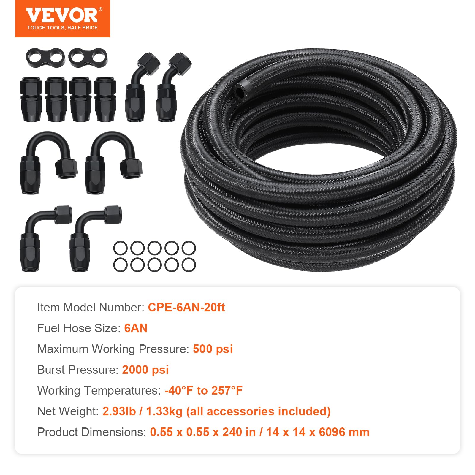 VEVOR 6AN Kit Tubo Carburante, Kit Tubo Carburante da 20 FT, Kit Raccordi Estremità Tubo Carburante in Nylon da 0,34" in Acciaio Inox per Olio/Gas/Diesel, con Kit Adattatore Raccordo 12 Pezzi, Nero