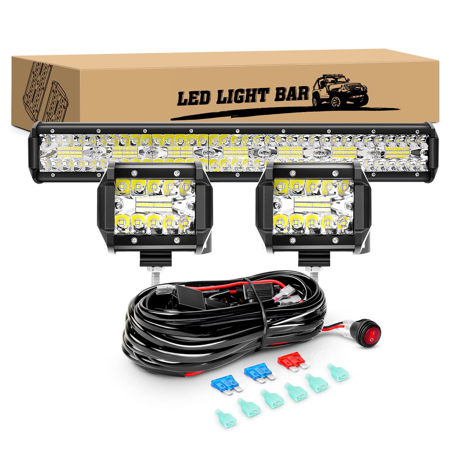 GOOACC 20Inch 420W Led Light Bar 2PCS 4Inch 60W LED Pods Led Driving Fog Lights with 16AWG Off Road Wiring Harness-3 Leads for Truck Golf Cart SUV ATV