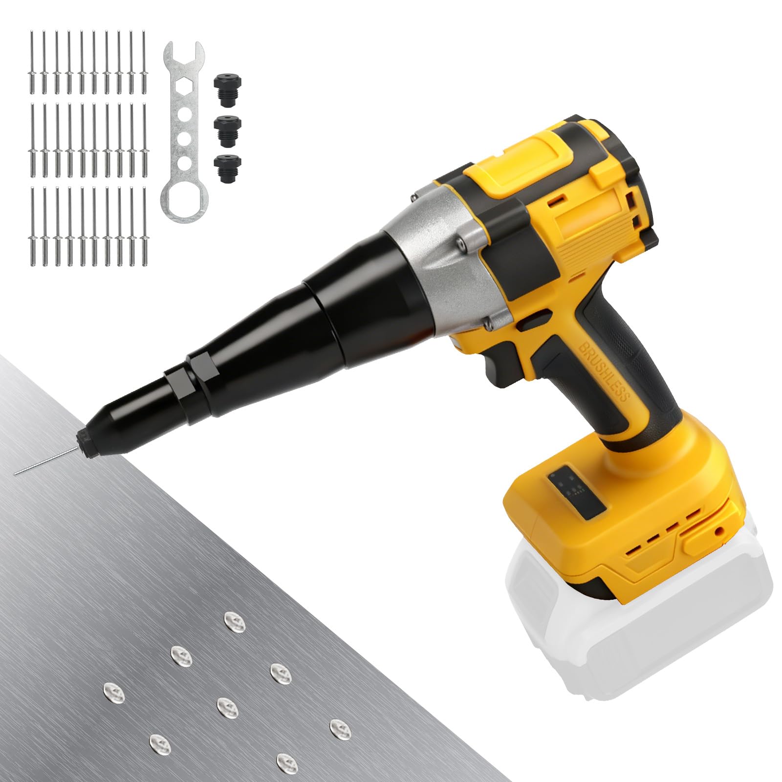Pistola de remache eléctrica compatible con batería Dewalt de 20 V máximo, kit de pistola de remache de motor sin escobillas para remaches de 1/8 pulgadas, 5/32 pulgadas, 3/16 pulgadas
