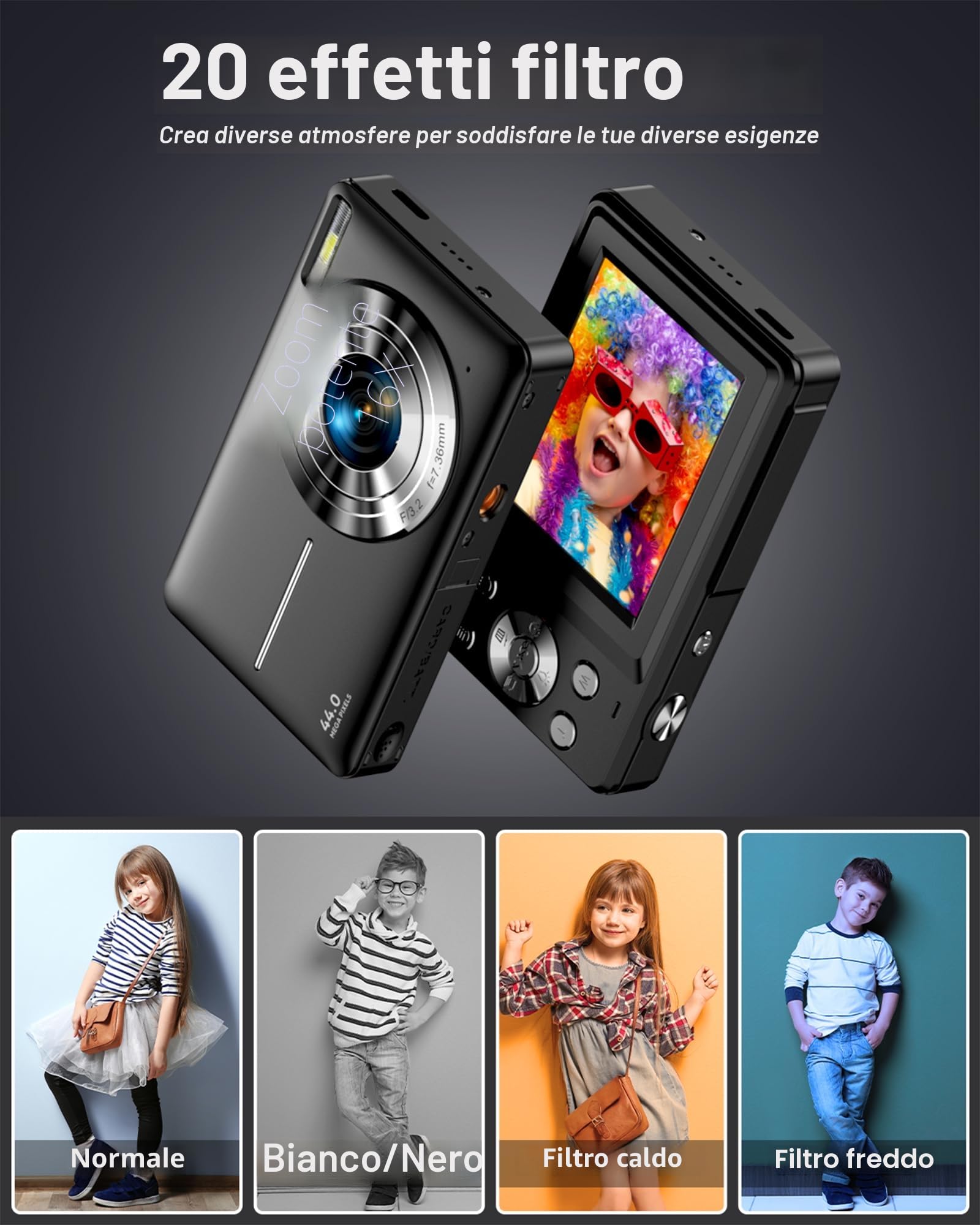 Macchina Fotografica Digitale 1080P Fotocamera 44MP Macchina Fotografica Compatta con Schermo LCD da 2,4", Zoom Digitale 16x, Scheda di Memoria Micro 32G, 1 Batteria per Bambini, Adolescenti - Noir