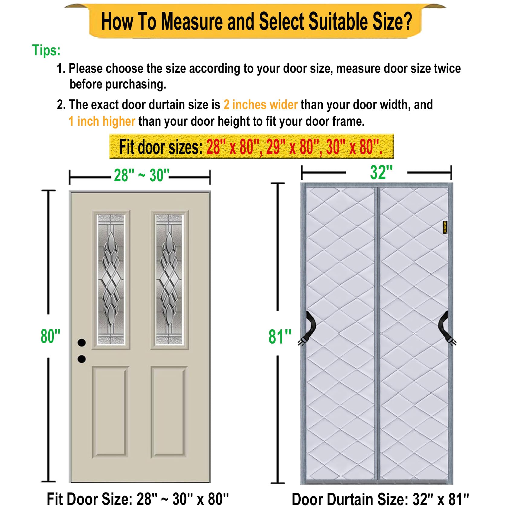 TORRAI Agnetic Theral Insulated Door Curtain, Fits Door Size 32" X
