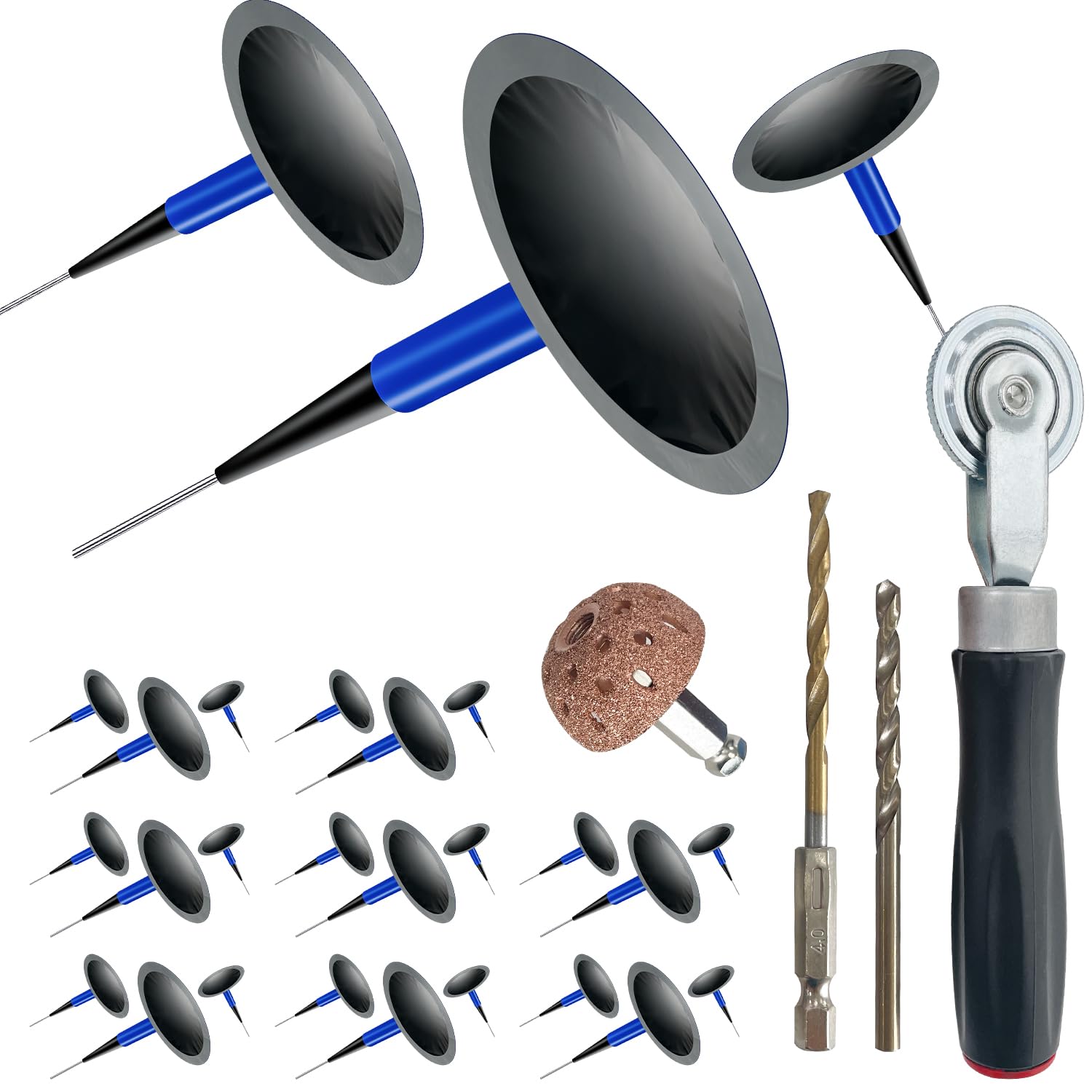 Reifen Reparatur Set mit 24 Gummistopfen, Wolfram-Schleifrad & Reifenroller inkl. 4mm Bohrer - Universelles Reifenflickzeug für Auto, LKW, Motorrad & Fahrrad