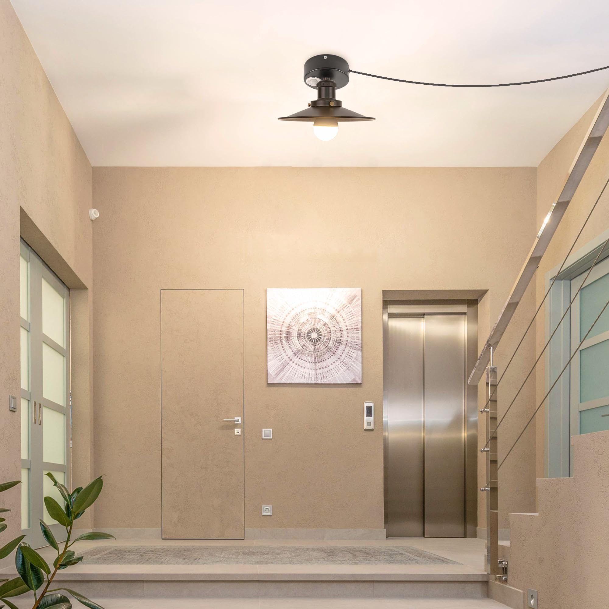 Plafoniera con sensore di movimento interno, lampada da soffitto in ferro industriale, sensore di movimento radar con cavo da 4,5 m e portalampada E27, per corridoio, bagno, scale, garage