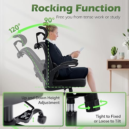 Miniatura 7 de Silla de oficina ergonómicas con soporte lumbar ajustable y colgador para reposacabezas, silla de malla transpirable de respaldo alto con ruedas,