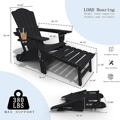 Miniatura 3 de Sillas Adirondack plegables ajustables con otomana y 1 portavasos, HDEP silla Adirondack multifuncional con reposapiés, color negro