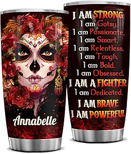 wowcugi Dia De Los Muertos Gifts Personalized Mexican Sugar Skull Girl Tumbler I Am Strong Stainless Steel 20oz 30oz Travel Cups Day of The Dead Halloween Custom Gift for Women Girls Teen