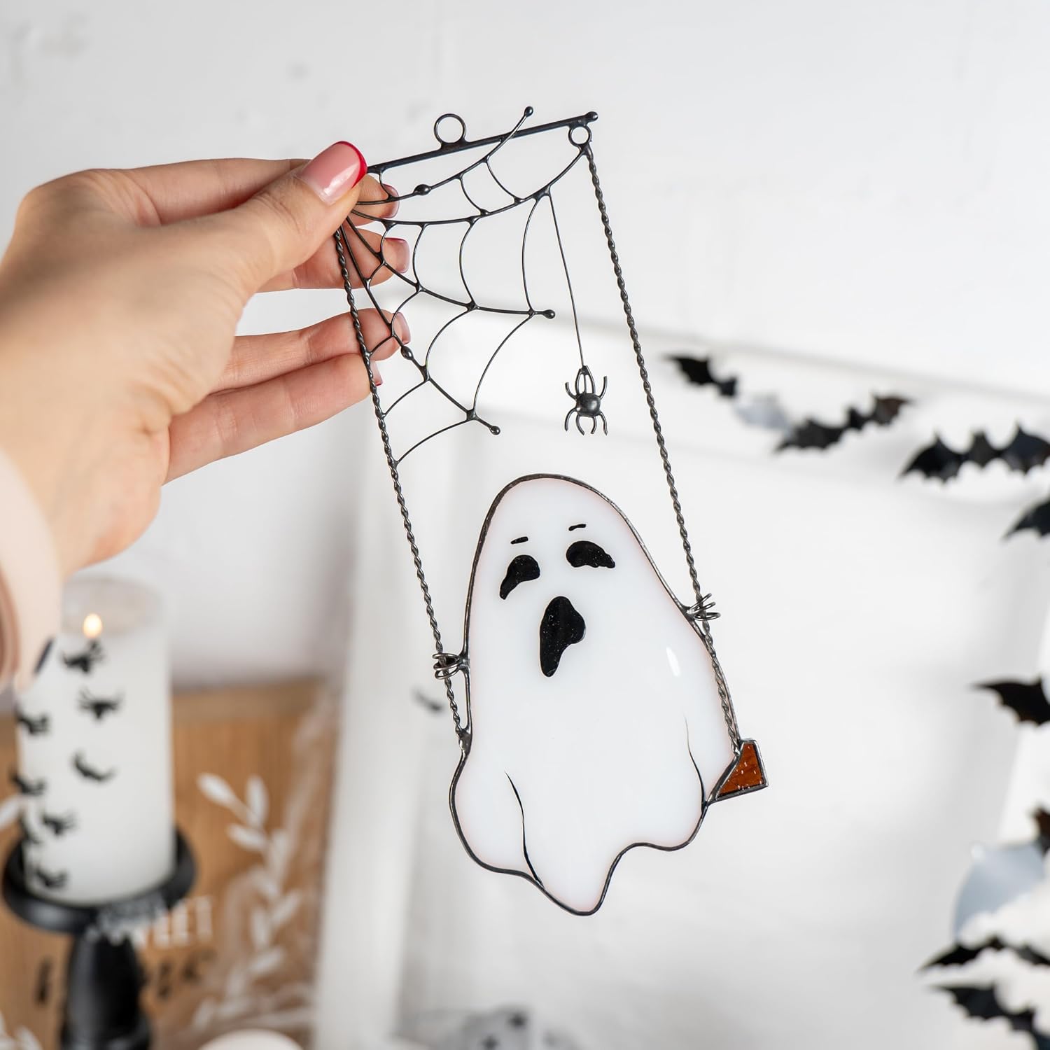 Cute Ghost Stained Glass Window Hangings Spider Web Stained Glass Suncatcher Ghostface Mask Decor Halloween Ornament for Window