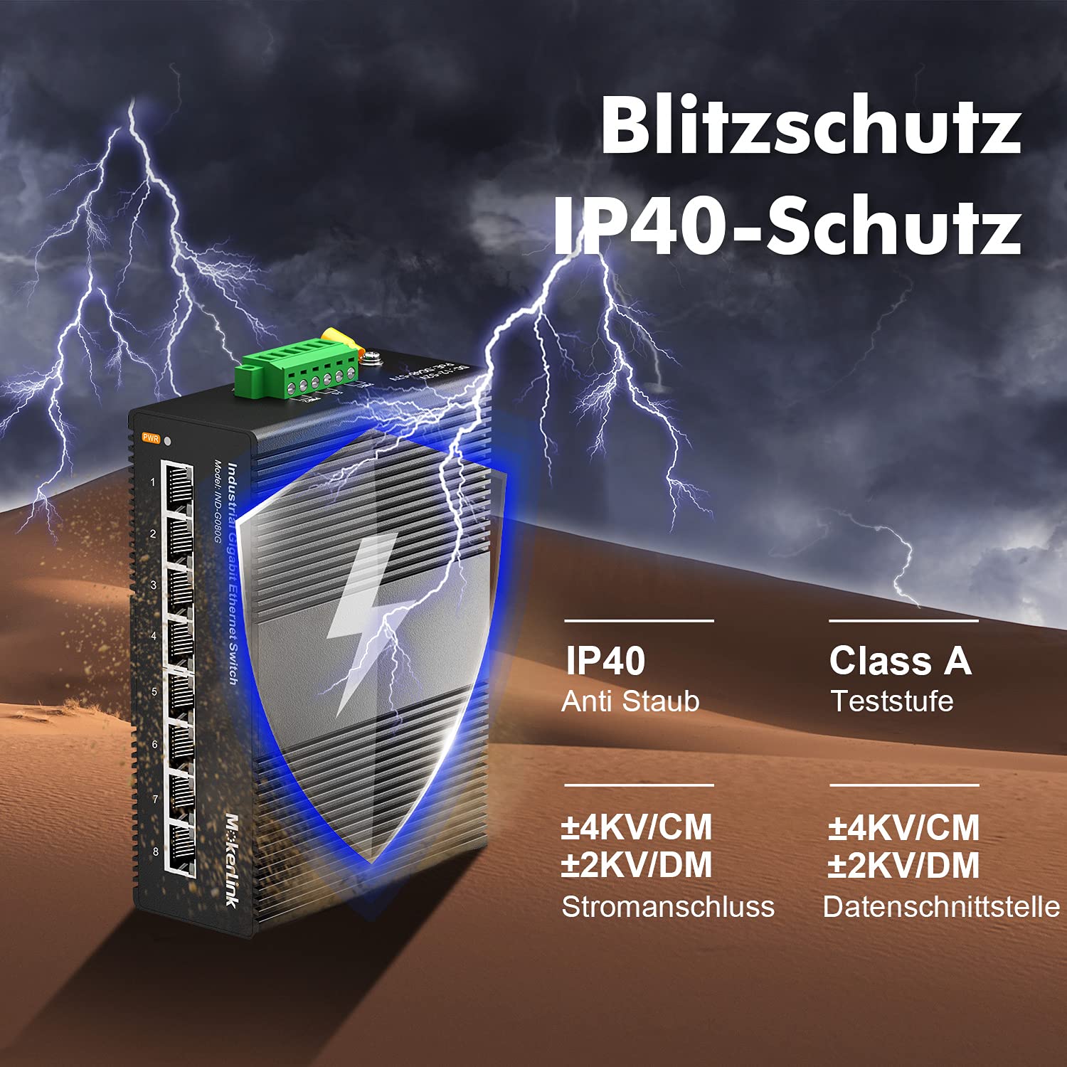 MokerLink 8 Port Gigabit Industrial DIN-Rail Ethernet Switch Hutschiene, 16Gbit/s Schaltkapazität, IP40 Unmanaged Network Switch (-40 bis 185 °F), mit Netzteil
