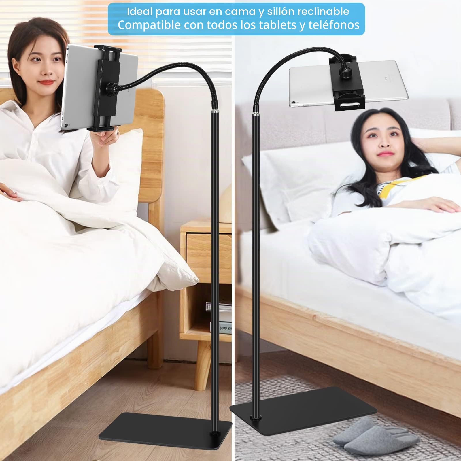 Soporte de suelo para tablet con doble base de peso, soporte de metal giratorio de 360 grados con soporte flexible de cuello de cisne para iPad Mini Air Pro, todos los teléfonos celulares, iPhone y