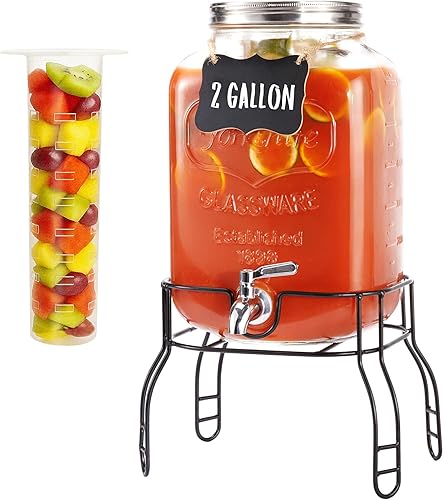 Miniatura 8 de Dispensador de bebidas de vidrio de 2 galones para fiestas, paquete de 2 dispensadores de bebidas con soporte, dispensador de limonada con llave de