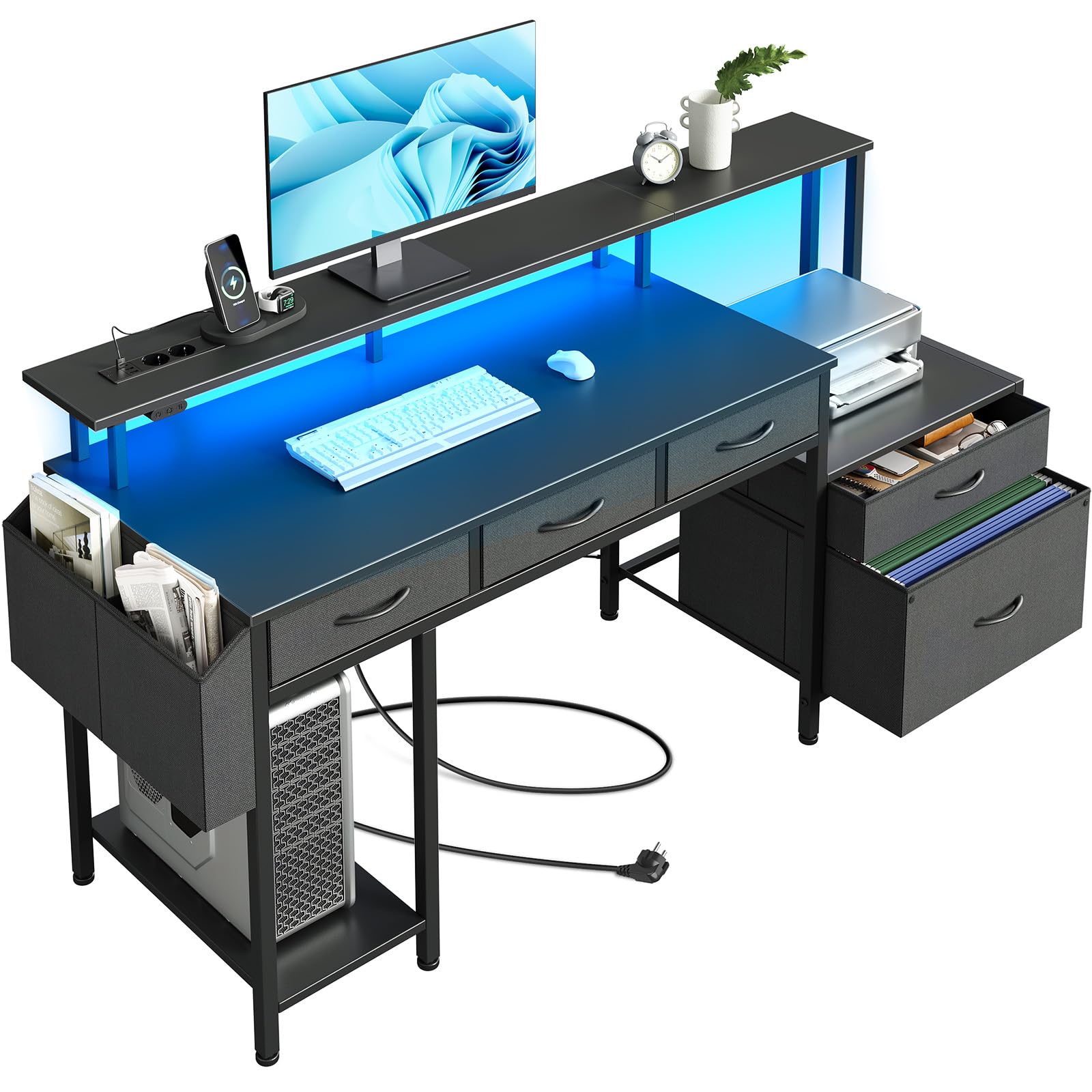 Rolanstar Schreibtisch mit Steckdose, Computertisch mit 5 Schubladen, LED, Aufbewahrungstasche & Monitorständer, Moderner Eckschreibtisch für Homeoffice & Gaming (Schwarz)
