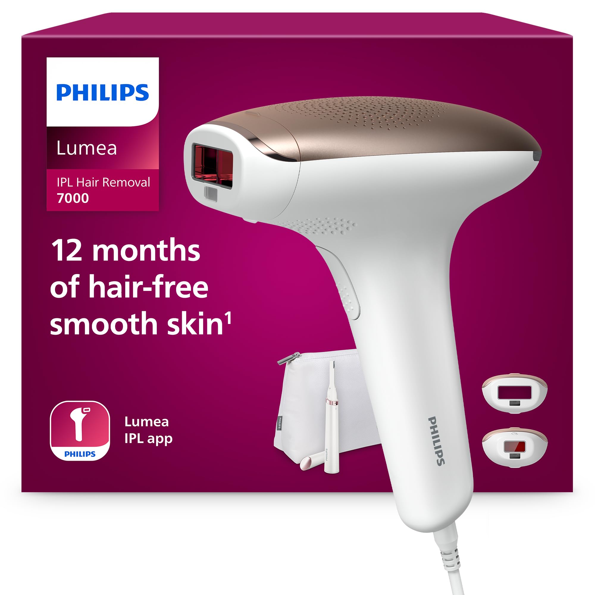 PhilipsLumea 7000 Series, IPL Hair Removal Device, Laser Hair Removal Alternative, with Satin Compact Pen Trimmer, 2 Attachments for Body and Face, Model BRI921/00