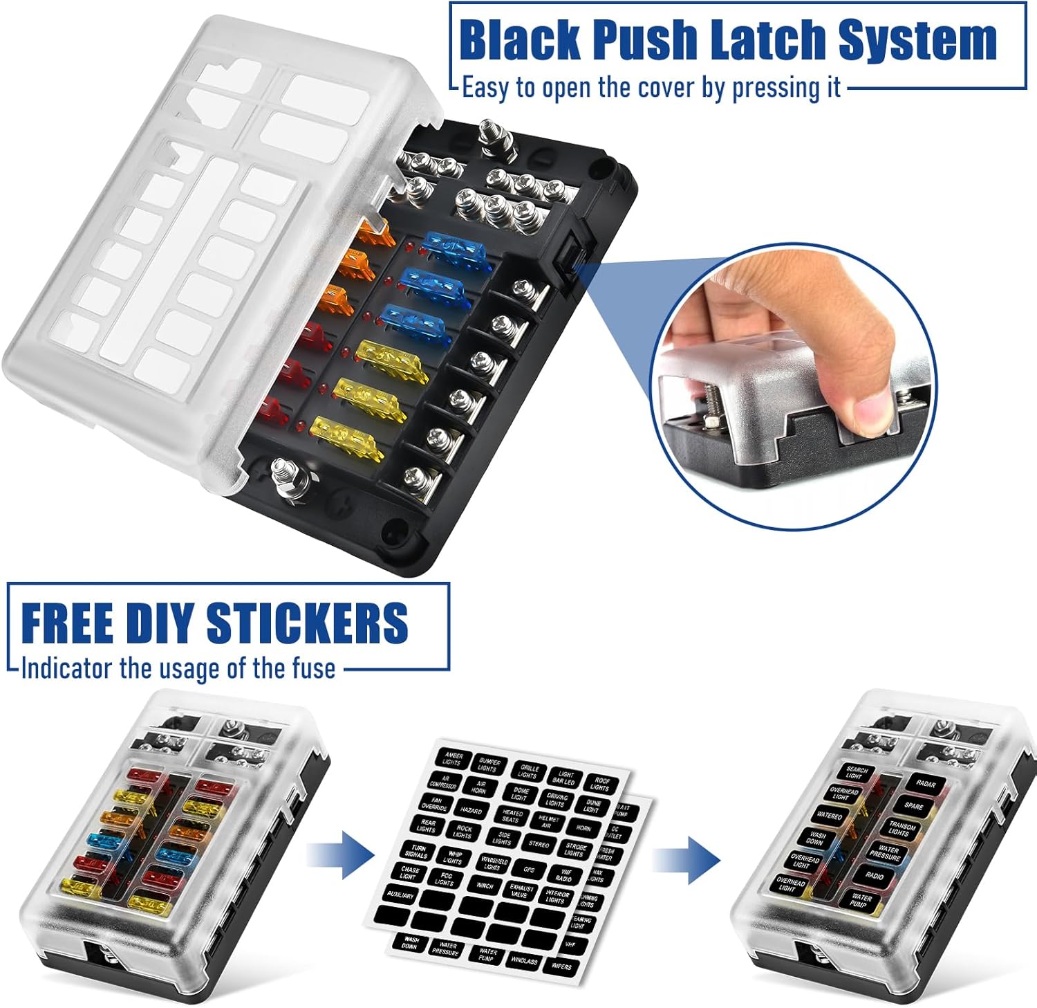 Fuse block showing the black push latch system and DIY stickers